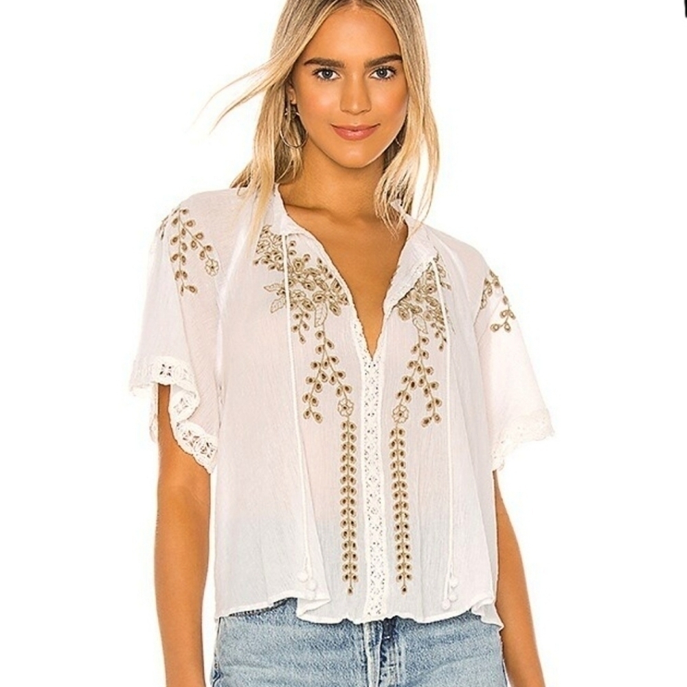 Catherine Malandrino Cotton Dahlia Embroidered Blouse White Sage Green Size Med